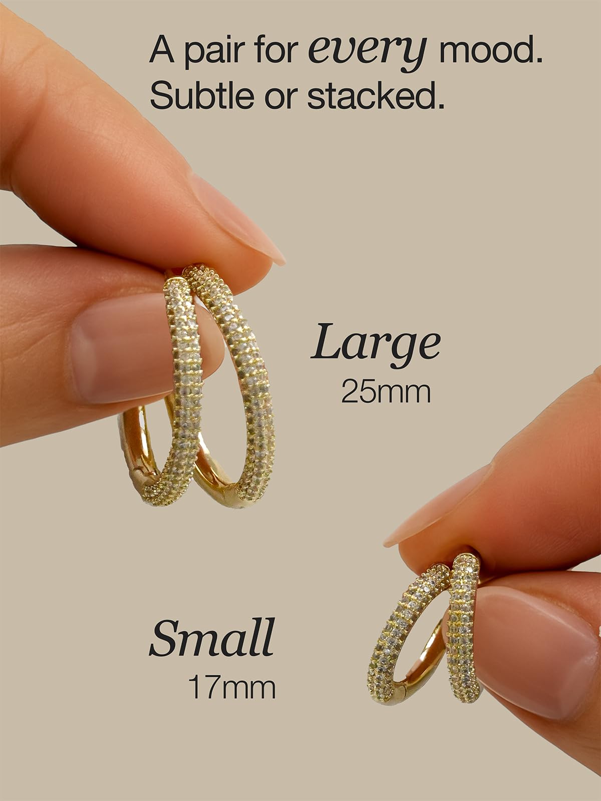 Altitude Boutique CZ Pave Huggie Hoop Earrings | 14K Gold-Plated or Rhodium-Plated | 4-Row Cubic Zirconia Hoops in 17mm or 25mm | Hypoallergenic Modern Statement Hoop Earrings for Women (Gold, 25mm)
