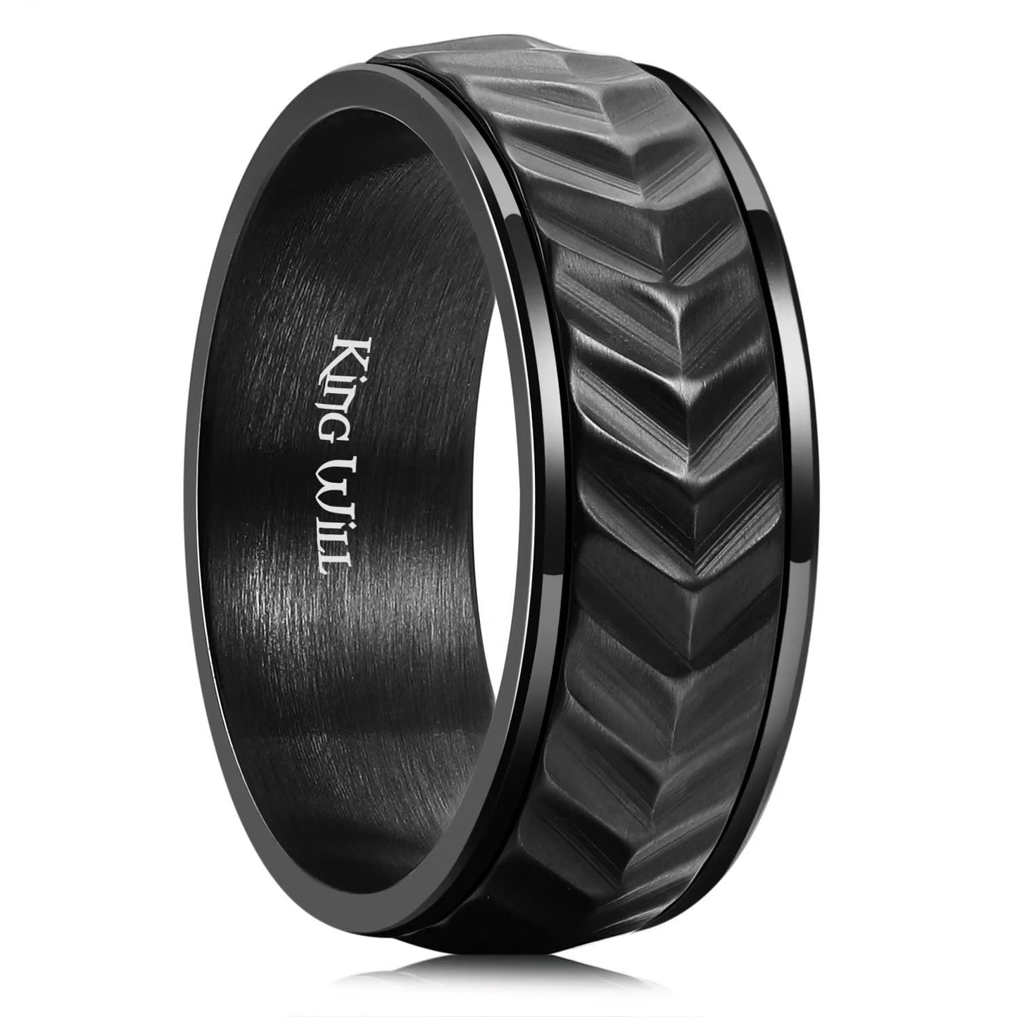 King Will Mens Black 8mm Spinner Rings Tire Stripe Groove Stainless Steel Anxiety Fidget Ring for Men 8