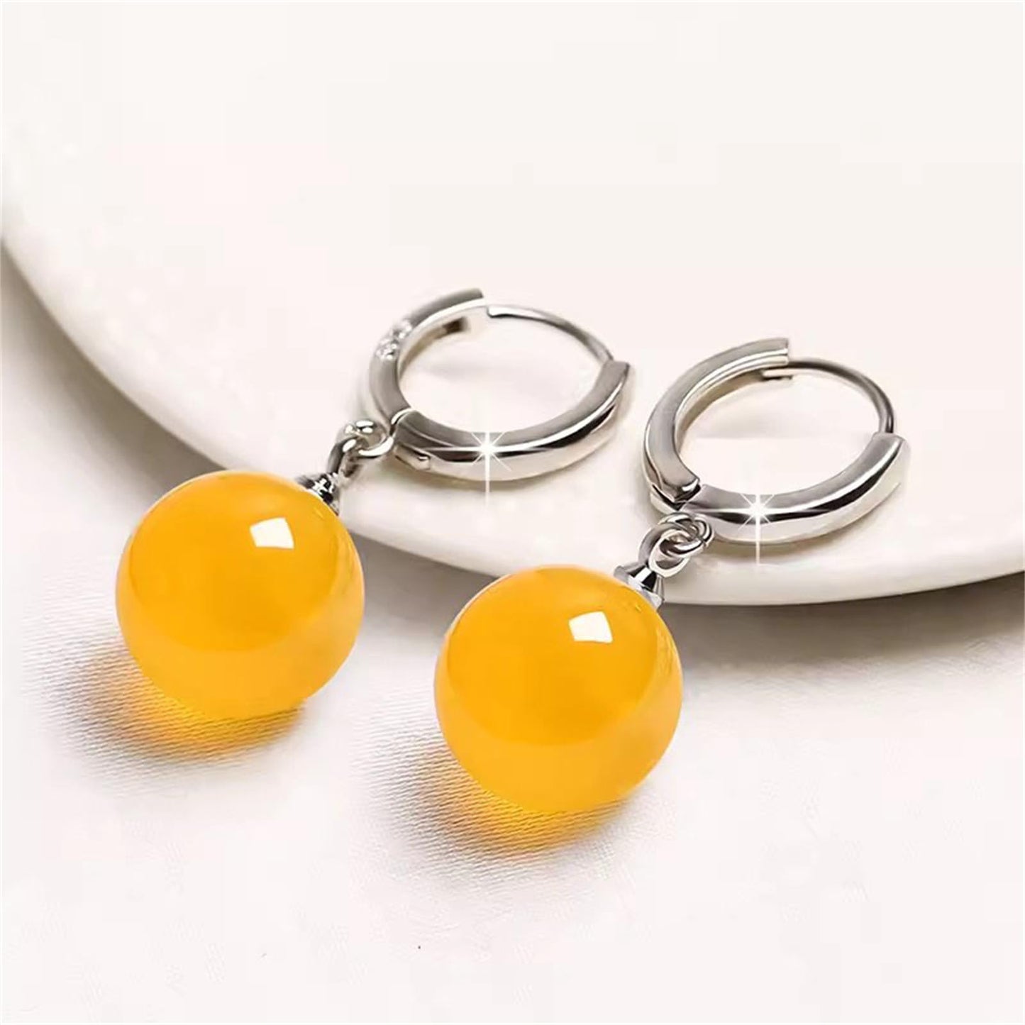 QLYOVWE Handmade Jade Earrings Basic Gemstone Round 12MM Bead Ball Drop Dangle Earrings Rose Quartz Stone Natural Agate Bead Jade Drop Earrings for Women (Yellow)