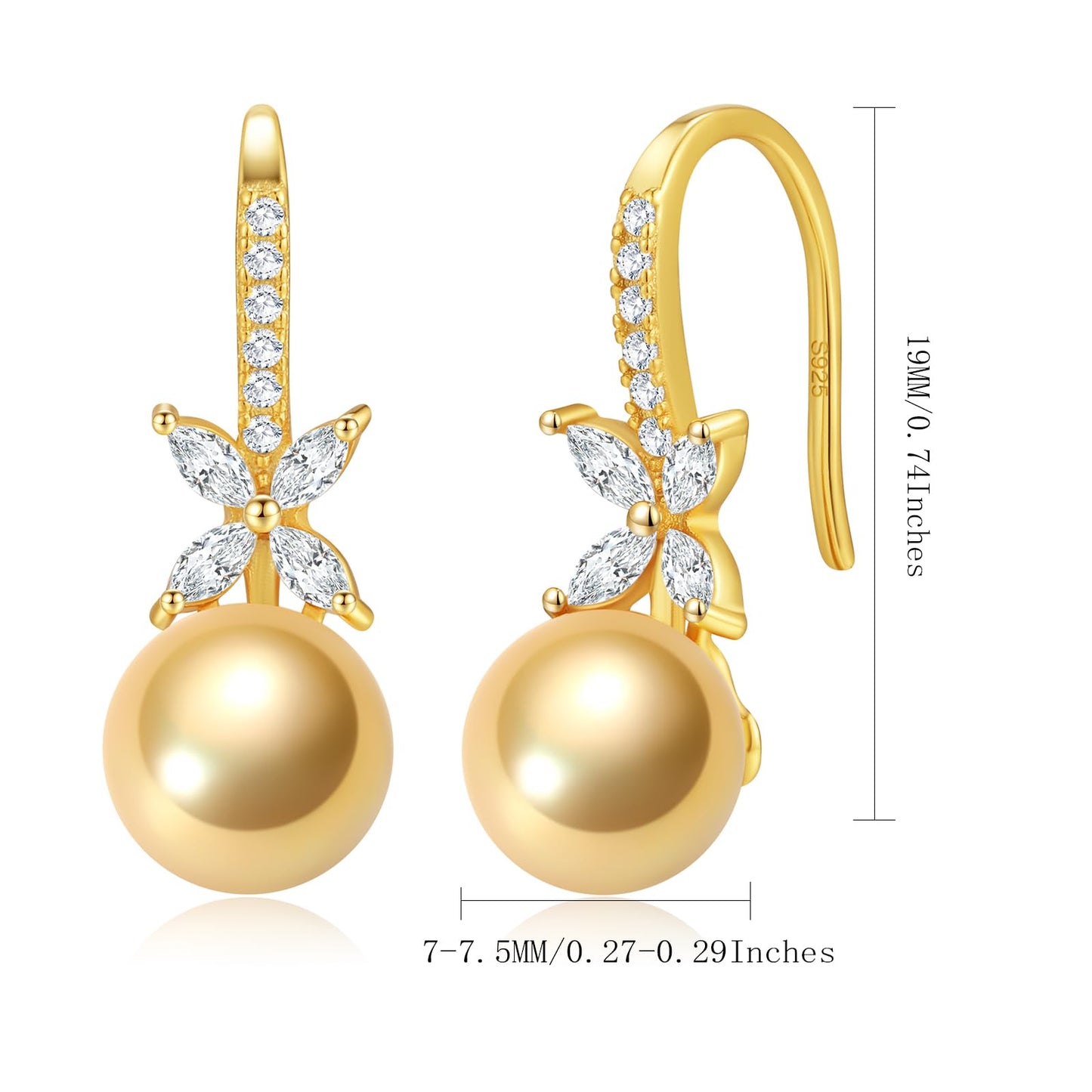 BAMIKI Pearl Drop Earrings for Women - 925 Sterling Silver 18k Gold Plated Hypoallergenic Golden Saltwater Cultured Pearls Ear Hook Earrings with Cubic Zirconia Jewelry Gifts for Mother Wife
