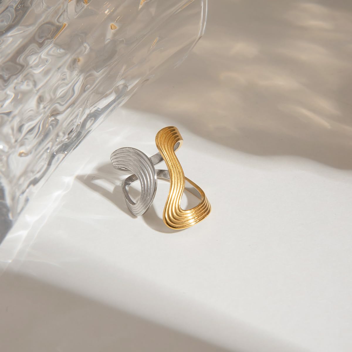 AIETUE Chunky Rings For Women, Gold Silver Thumb Ring Asymmetrical Wavy Curve Ring Adjustable Non Tarnish Dainty Stainless Steel New Year Anniversary Birthday Jewelry Gift (Trendy-G&S Mixed)