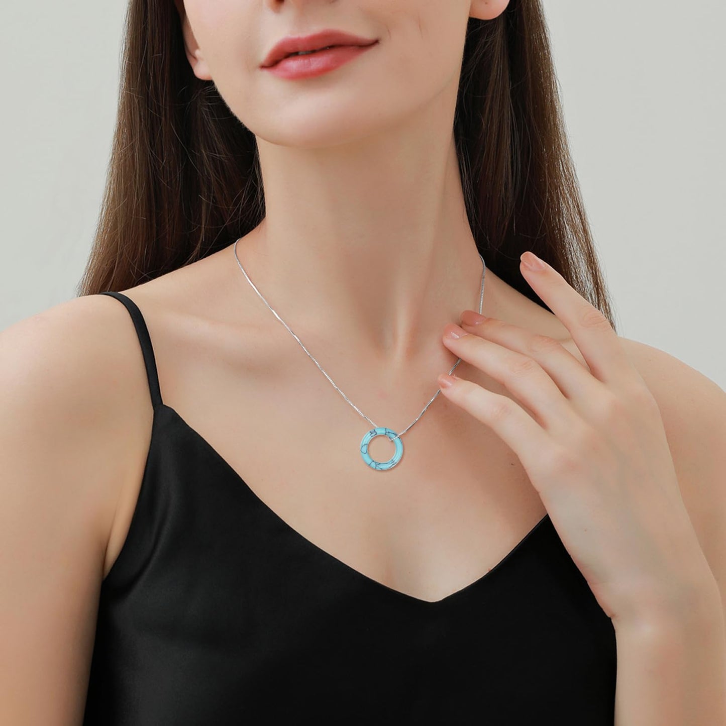 AOBOCO Circle Turquoise Necklace 925 Sterling Silver Circle Necklace for Women with Austrian Crystal Jewelry for Women Birthday Graduation Holiday Gift (Dia 0.78" Turquoise)
