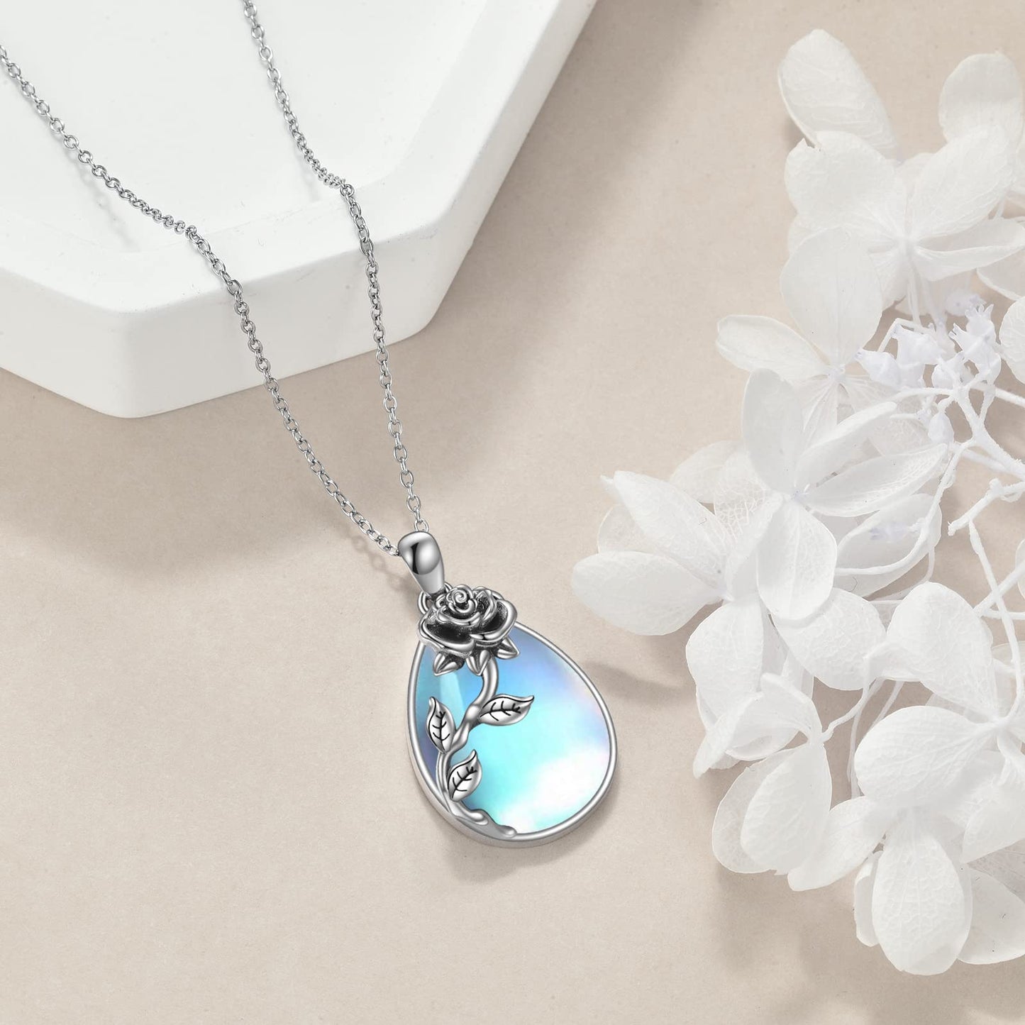 YAFEINI 925 Sterling Silver Moonstone Necklace Rose Flower Filigree Teardrop Pendant Necklace Jewelry Gift for Women (F-Rose Flower Moonstone)