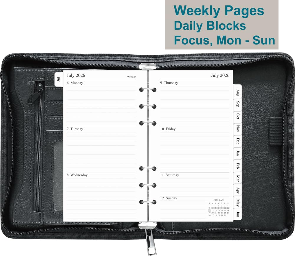 Fan&Ran 2026-2027 Zipped Planner Organizer, Weekly and Monthly Refills with Simulated Leather Cover, Personal Size, Black