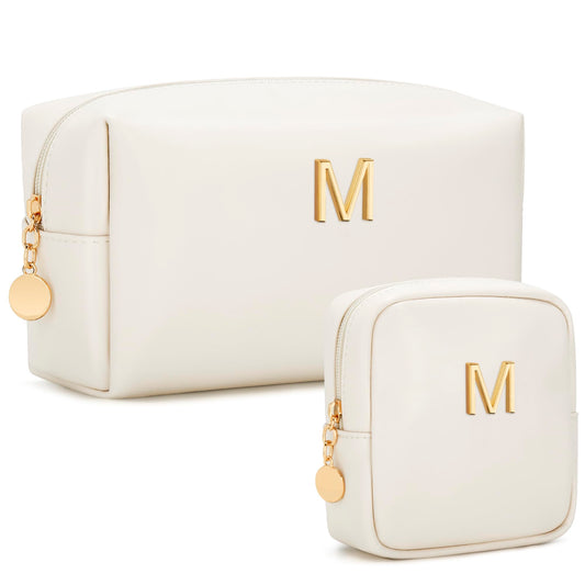 CLOUDWINGS Personalized Birthday Gifts for Women - Initial Makeup Bag Set Travel Toiletry Bag Cosmetic Bags Soft Waterproof PU Leather Makeup Pouch Travel Essentials (M, 2pcs Beige)