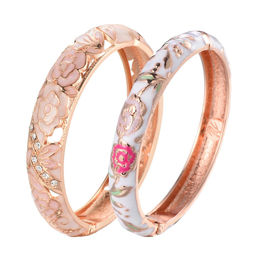 UJOY Vintage Jewelry Cloisonne Handcrafted Enameled Flower Gorgeous Rhinestone Hinged Cuff Bracelet Bangles Gifts 88C06-55A106 Pink White