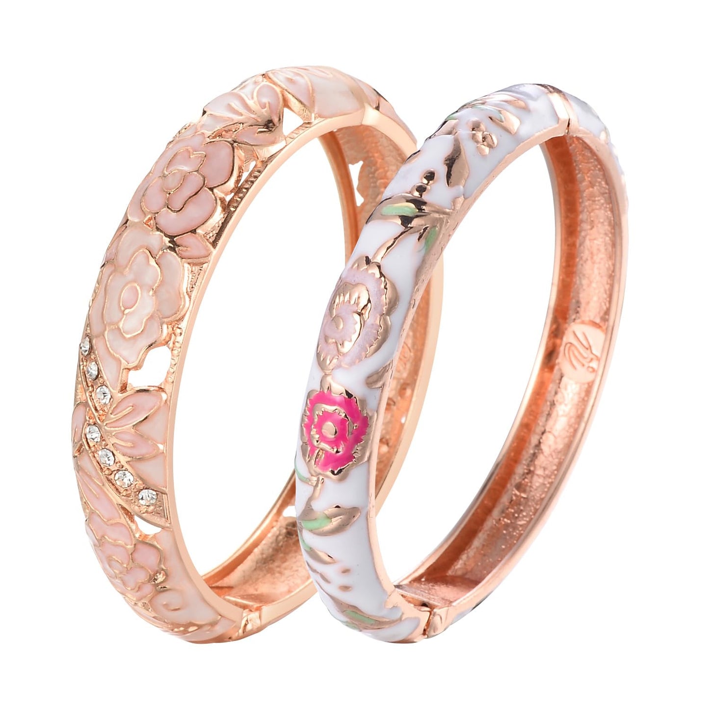wynameleri Vintage Jewelry Cloisonne Handcrafted Enameled Gorgeous Rhinestone Flower Hinged Cuff Bracelet Bangles Gifts 88C06-55A106 Pink White