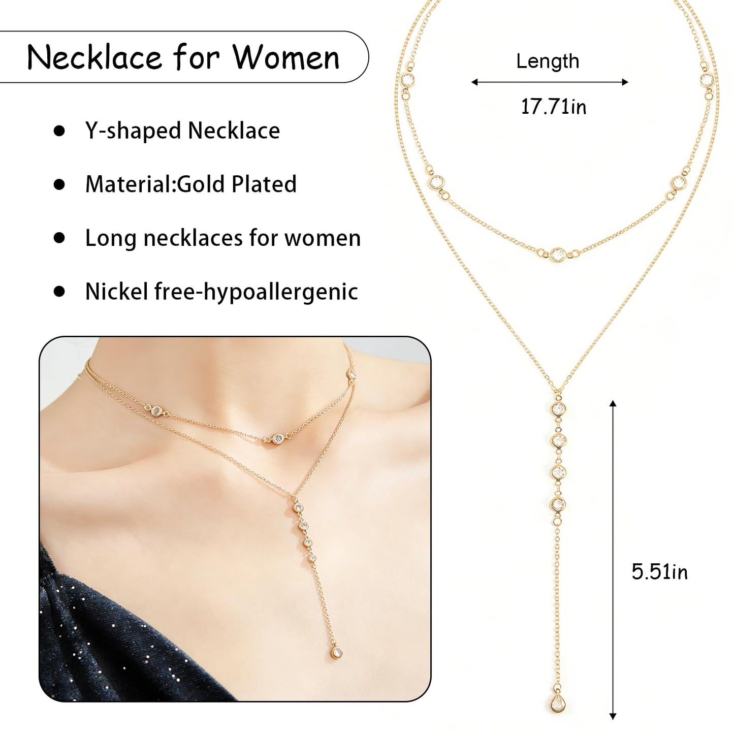 ENGCKSHI Necklace for Women, Dainty Long 14K Gold Y-Shaped Necklace Jewelry Trendy Beaded Layered Chain Drop Necklaces Jewelry Women Gifts