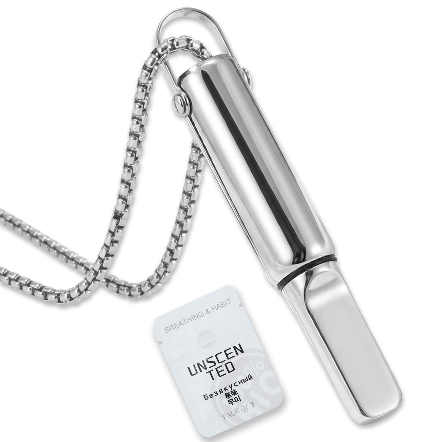 Breathing Necklace to Quit Smoking, Stainless Steel Smokeless Inhaler, Deep Breathing Aid, 3 Unscented Sponge Cores, Portable Velvet Bag, for Yoga, Office, Study, Meditation(Silver)