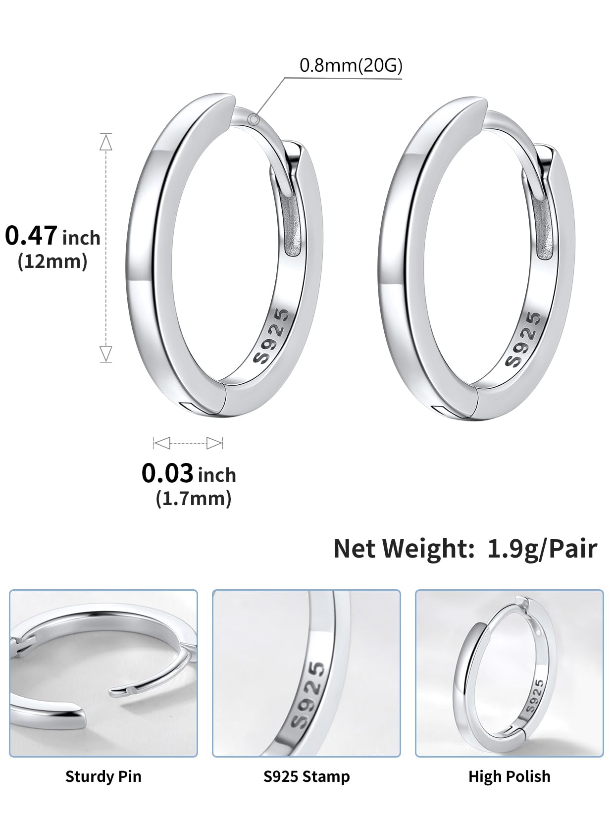 SILVERCUTE 925 Sterling Silver Huggie Hoop Earrings for Women,Hypoallergenic Small Silver Hoop Earring Cartilage Earring Lightweight Huggies Earrings for Women,8/10/12mm