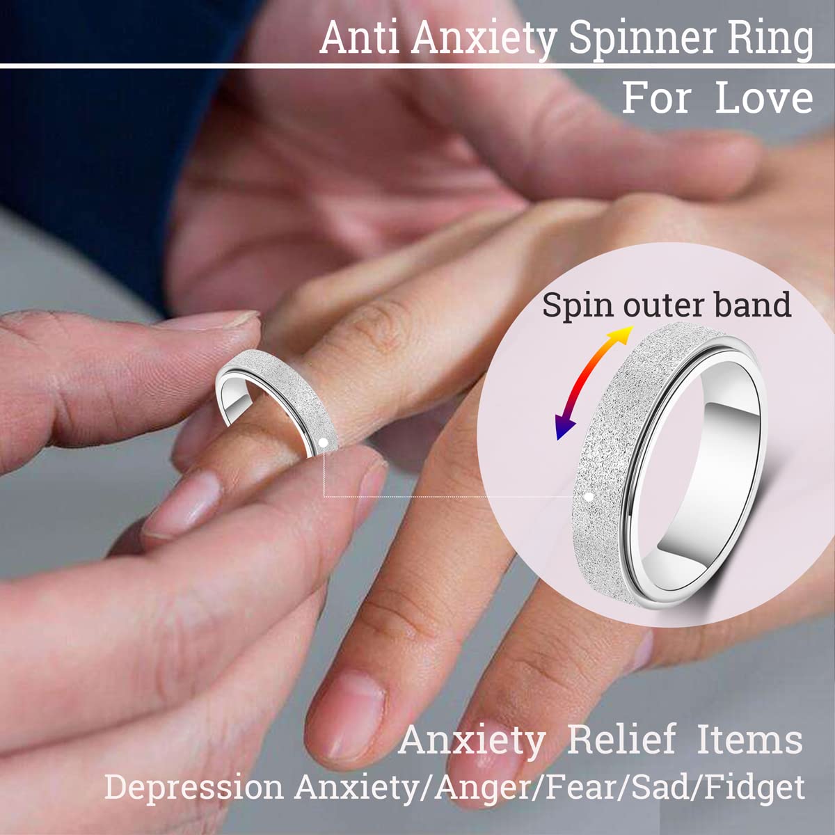 OreilleStar Anxiety Ring for Women Men Fidget Spinner Thumb Ring Titanium Stainless Steel Size 9 Width 6MM Silver Hand Polished