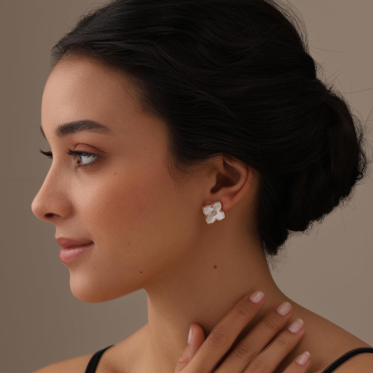 LeCalla 925 Sterling Silver MOP Omega Back Clip-On Earring 14K Gold Plated CZ Mother of Pearl Minimalist Malachite Flower Large Stud Earrings for Women - 20MM