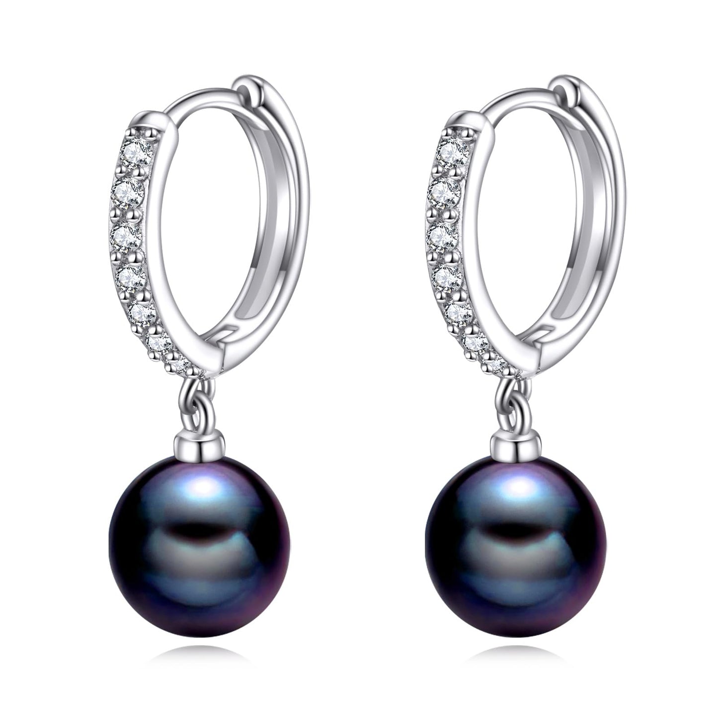 925 Sterling Silver Black Pearl Hoop Earrings Dangle Drop Jewelry Gifts for Women (Black Pearl-CZ)