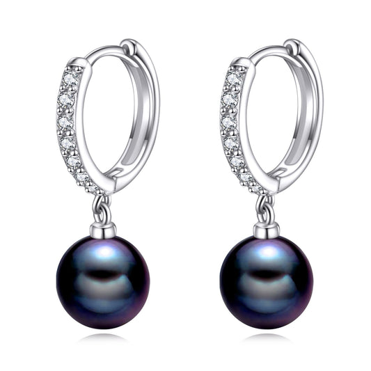 925 Sterling Silver Black Pearl Hoop Earrings Dangle Drop Jewelry Gifts for Women (Black Pearl-CZ)