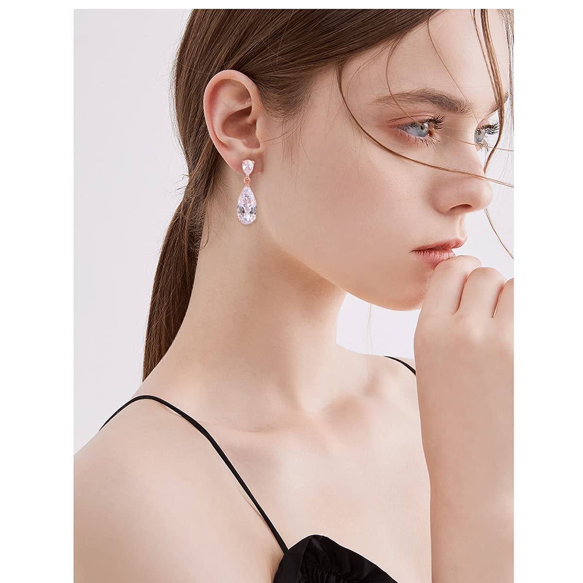 Wedding Jewelry Set for Bridesmaids Sterling Silver Teardrop CZ Crystal Cubic Zirconia Rhinestone Diamond Bridal Necklace Earrings Set for Bride Mother of Bride Party Prom Birthstone Costume