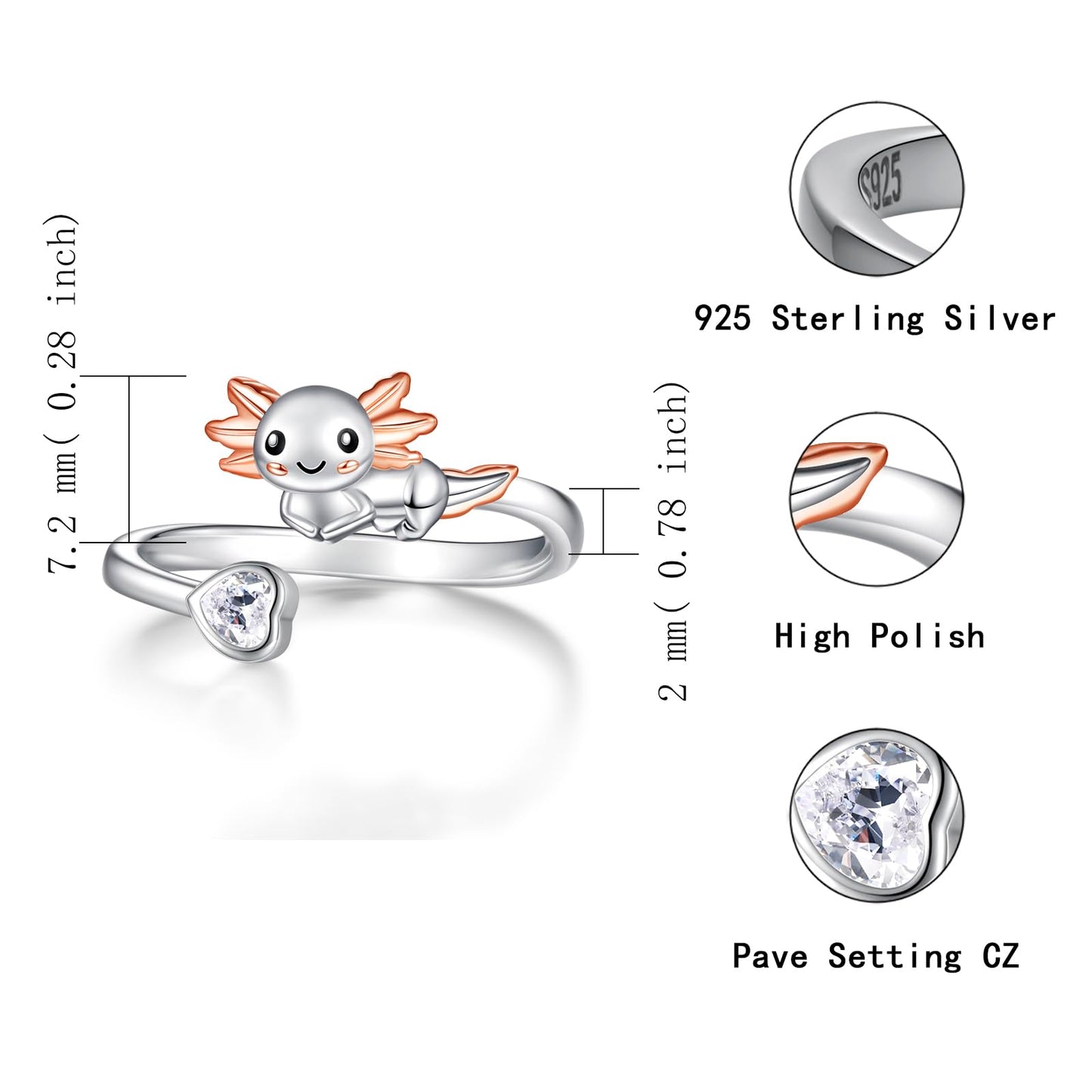 Zepmais 925 Sterling Silver Animal Ring - Adjustable Open Owl Axolotl Rings with Heart Cubic Zirconia Opal Cute Animals Jewelry Gifts for Women (Axolotl Ring)