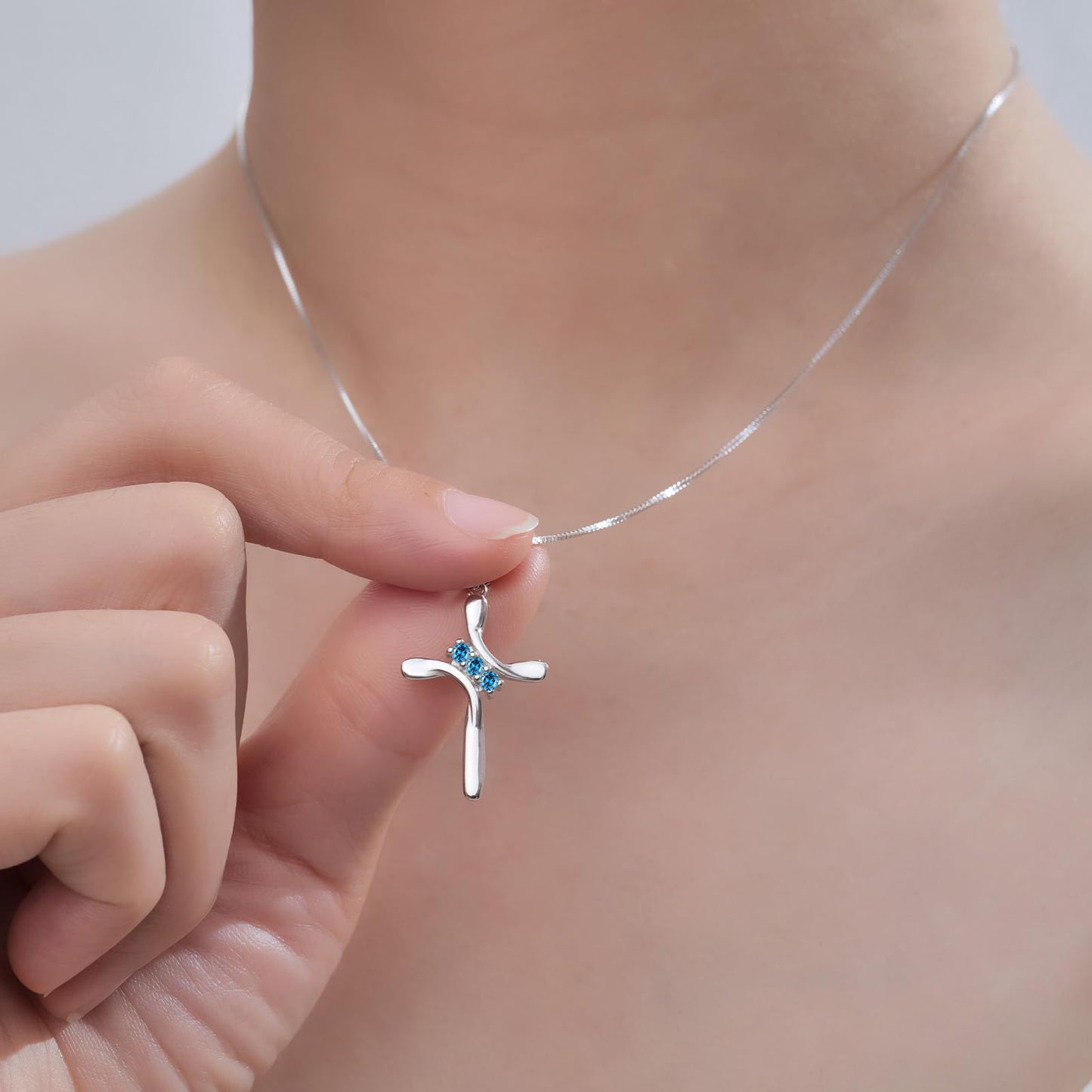 EVERU S925 Sterling Silver Cross Necklace for Women Birthstone Necklace with Cubic Zirconia 18K Gold Plated Cross Pendant Jewelry Ideal Gift Blue Topaz December