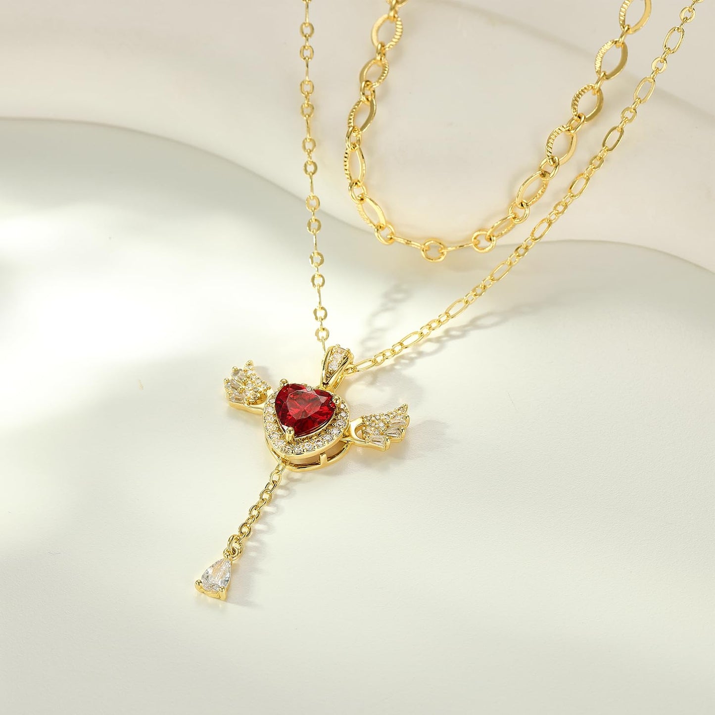 MEIITRUE Heart Necklace for Women Trendy,14k Gold Plated Dainty Layered Necklaces Set Cubic Zirconia Love Drop Pendant with Movable Wings Personalized Choker Chain Jewelry Gift Red