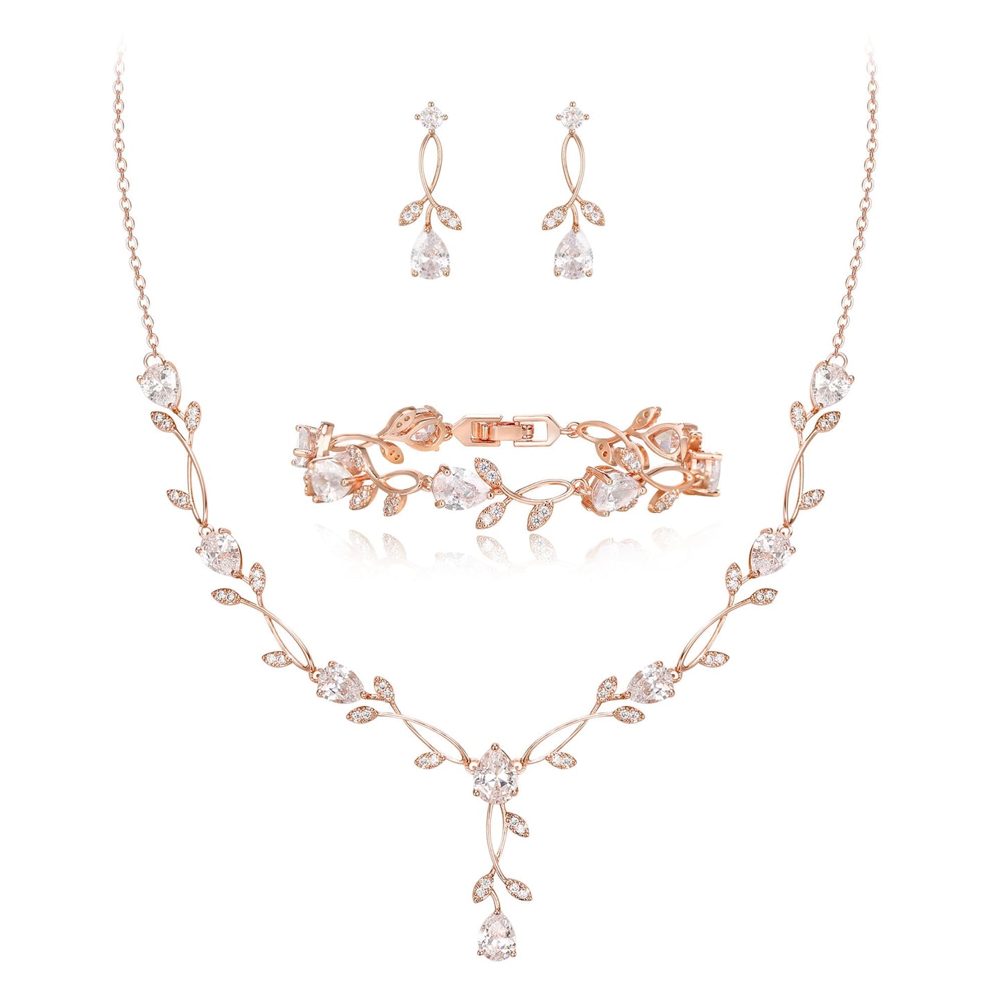 EVER FAITH Wedding Jewelry Set for Bride Bridesmaid, Rose Gold-Plated-Brass White Teardrop Cubic Zirconia Leaf Vine Bridal Prom Necklace Dangle Earrings Bracelet Sets for Women