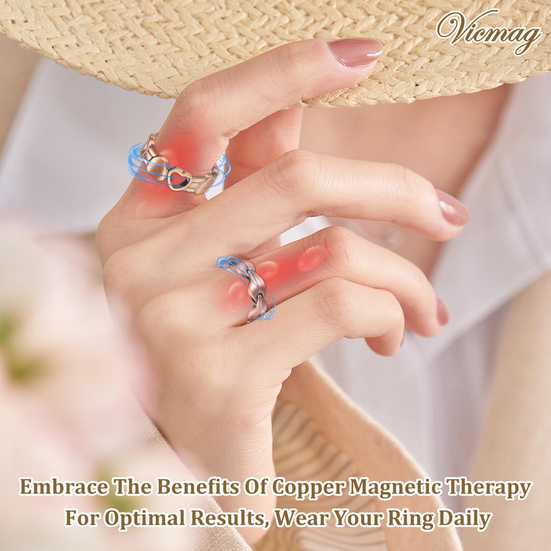 Vicmag 2PCS Magnetic Copper Rings for Women & Men,99.99% Pure Copper Ring with 9X Magnets Gift Adjustable(Leaf & Love)