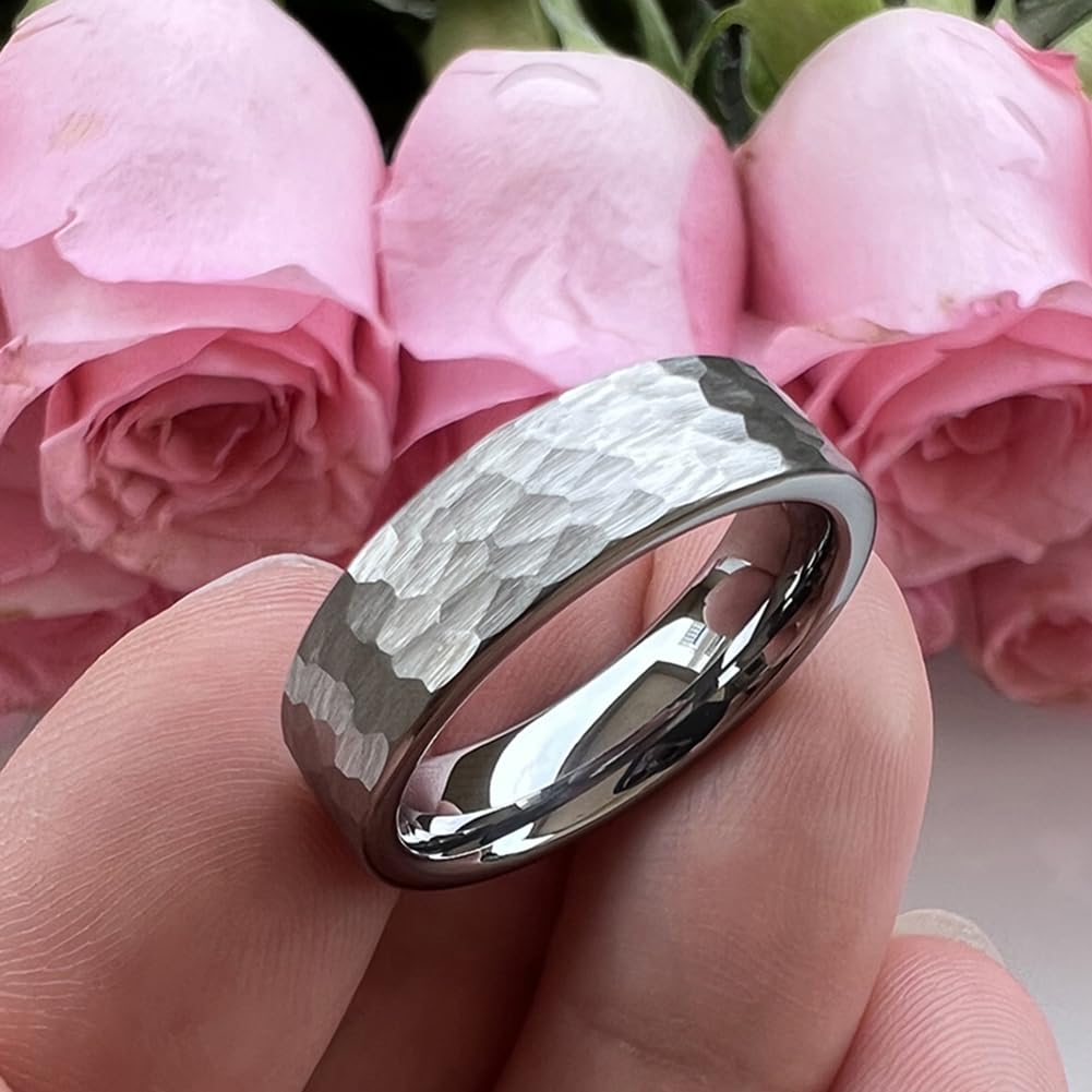 TUTISS 6mm Hammered Tungsten Rings for Men Women Fashion Engagement Wedding Bands Pipe Cut Matte Finish Comfort Fit Size 10