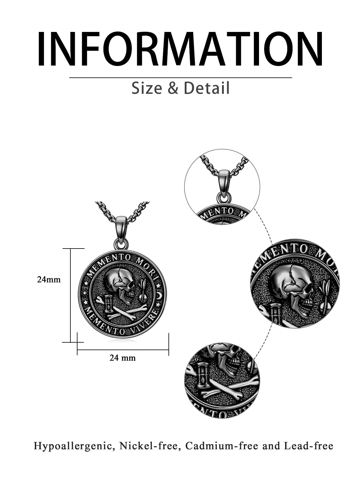 POIUY Memento Mori Necklace for Men Gothic Black Skull Pendant Stoicism Mori Jewelry Tree of Life Amulet Protection Gifts for Men Women 22+2 Inch Chain