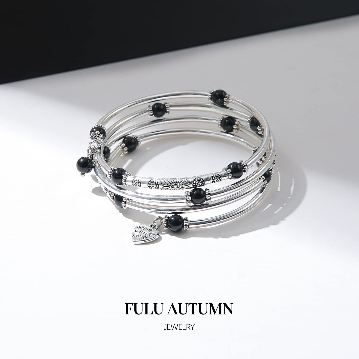 FULU AUTUMN Beaded Bangle Bracelets for Women Silver Wrap Bangles Bracelet Womens Costume Jewelry Fashion Gift(Pearl black)