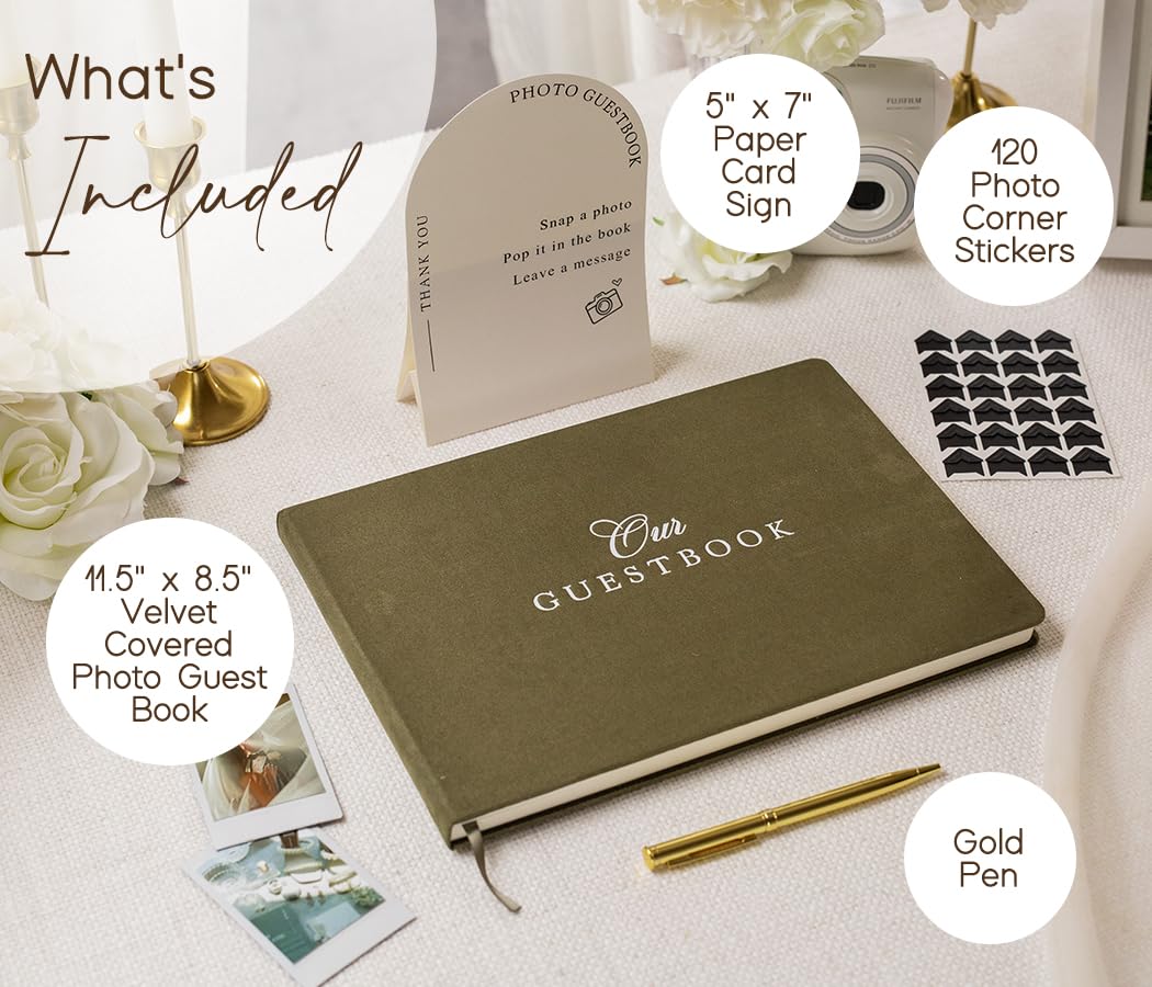 Modern Album Designs Our Wedding Photo Guest Book Set - Sign, Photo Corner Stickers Pen, Box, Layout Pages for Instant Photos Photo Booth Weddings Bridal Showers Engagement Events (Olive)