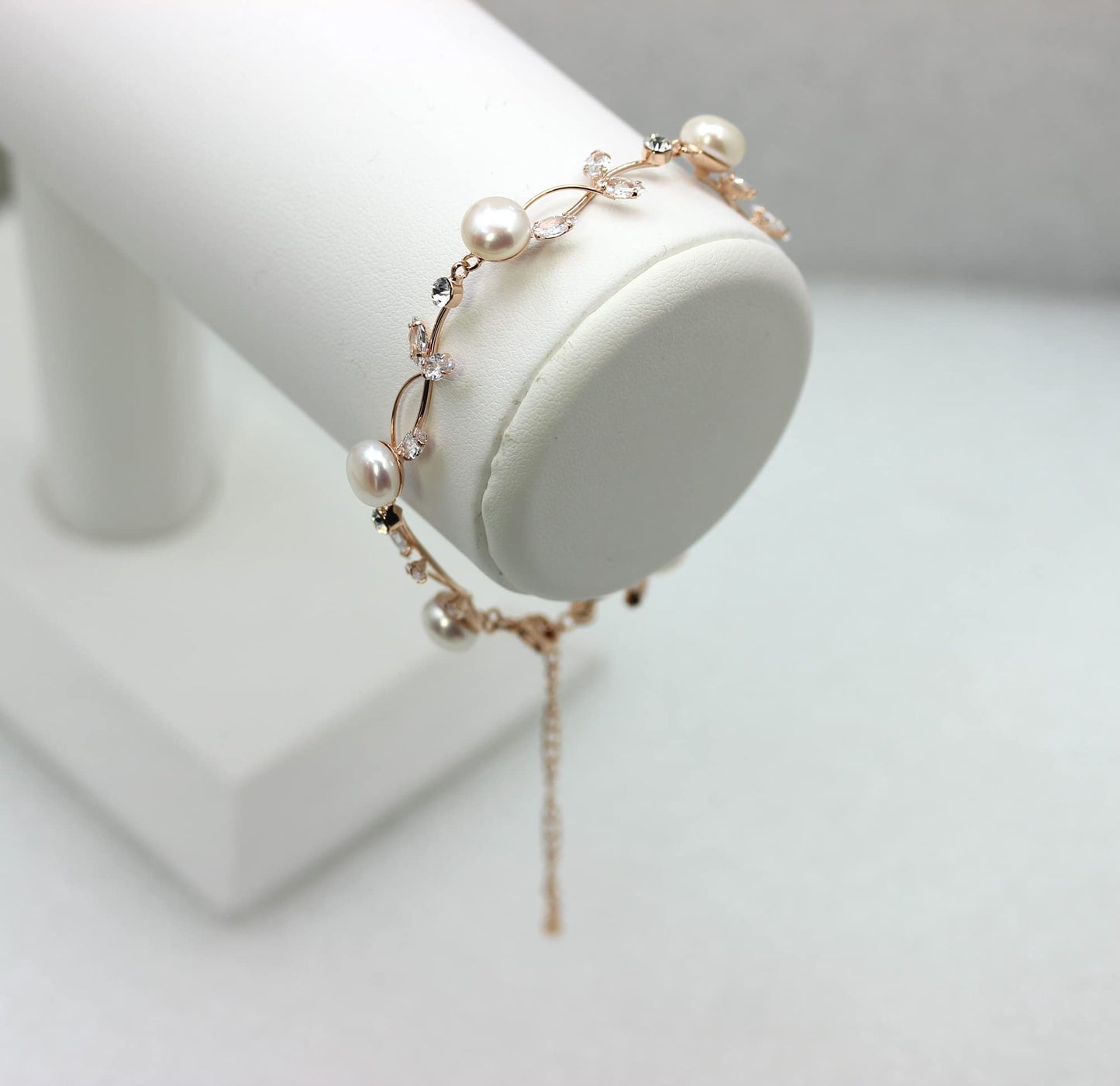 Faship Clear CZ Crystal Genuine Freshwater Pearls Floral Bracelet 7.5" - 9.5" - Clear/Rose Gold Plated/Matching Bracelet