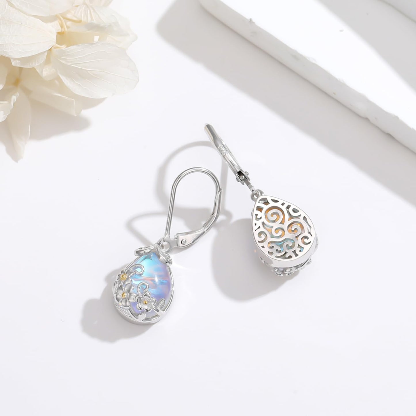 KoyeKei Plumeria Earrings for Women 925 Sterling Silver Plumeria Hawaii Moonstone Dangle Drop Leverback Earrings Hawaiian Jewelry Graduation Birthday Gifts for Girlfriend Her Lover