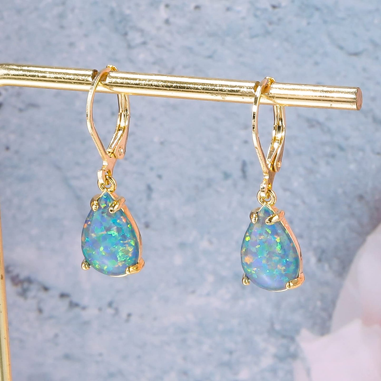 CiNily Teardrop Leverback Dangle Earrings for Women Hypoallergenic Blue Purple Opal Pendant Drop Earrings 14K Gold Hanging Lever Earrings Fashion Jewelry for Sensitive Ears