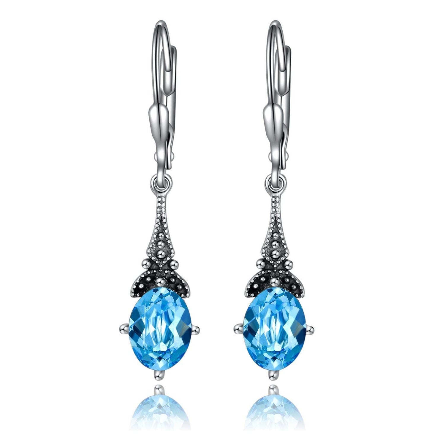 Leverback Drop Earrings Sterling Silver Retro Vintage Earrings with Oval Simulated Aquamarine, Crystal from Austria, Birthstone Earrings Gifts for Women