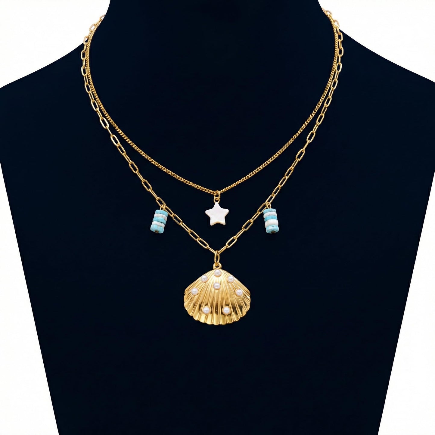Harlermoon Gold Starfish Necklace for Women - 18K Gold Plated Stainless Steel Ocean Beach Jewelry, Sea Turtle Shell Pearl Pendant, Waterproof Non Tarnish Snake Chain Choker, Summer Vacation Mermaid Gifts (Shell Pearl Star)