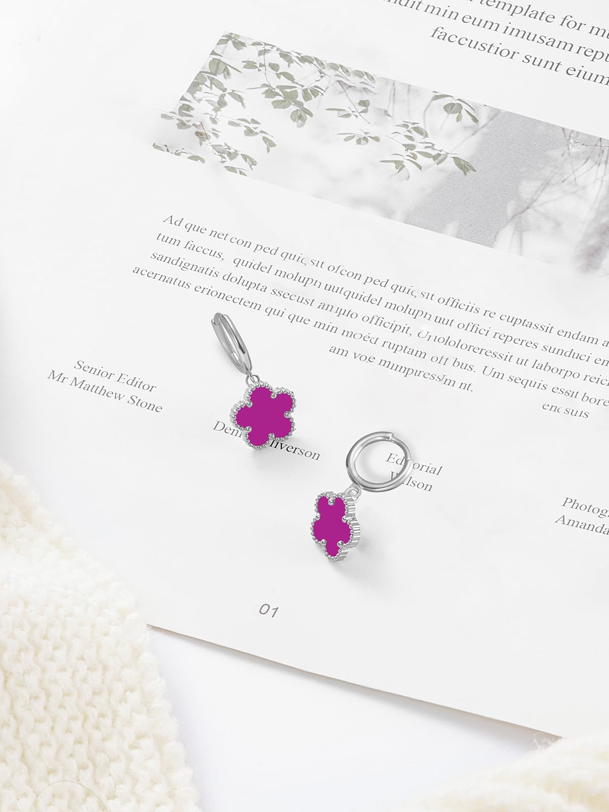 Gold Plated Five Leaf Clover Dangle Dot Earrings for Women Lucky Flower Jewelry (Purple-White Gold Plated)