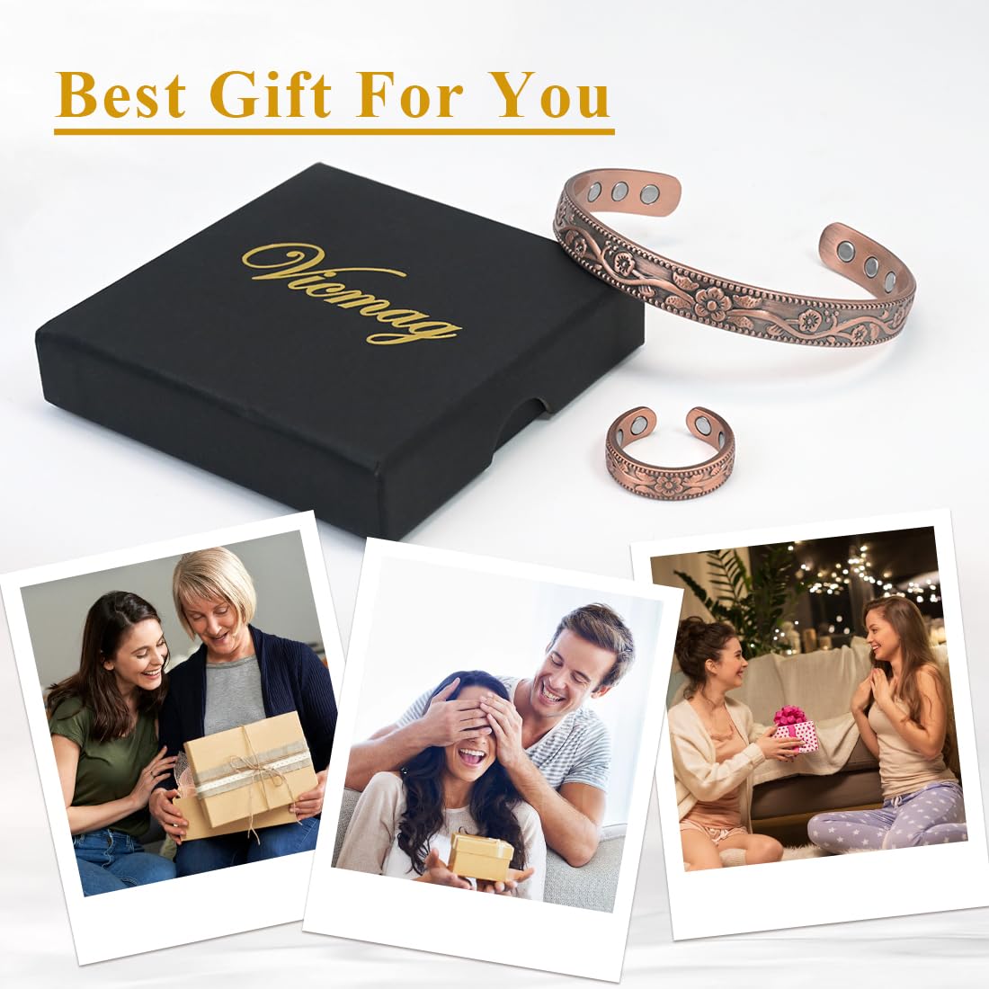 Vicmag Copper Magnetic Bracelet for Women and Men Ultra Strength Magnets 99.9% Pure Copper Strong Magnets Jewelry Gift Adjustable Length(Flower)