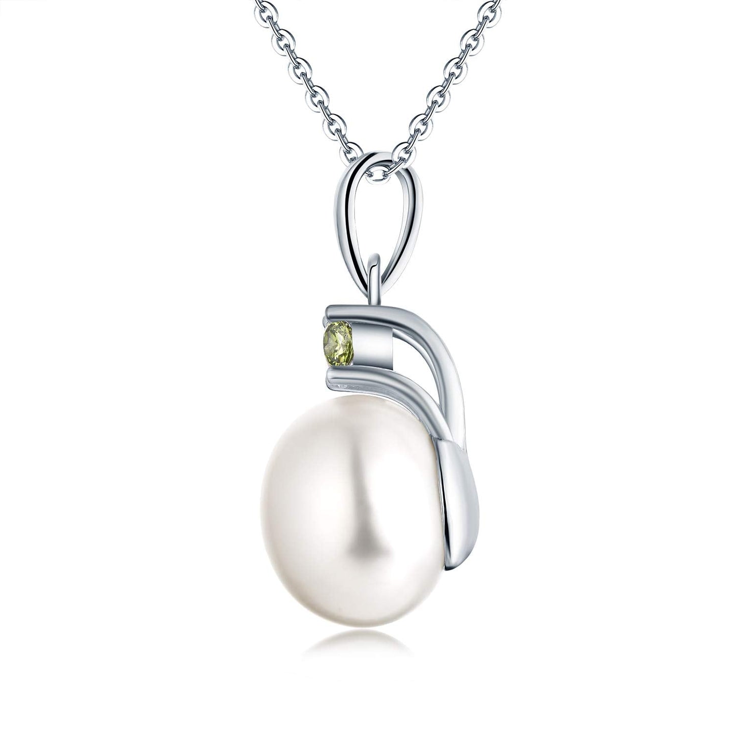 JO WISDOM Women Necklace,925 Sterling Silver Cubic Zirconia 10mm White Freshwater Pearl Pendant Necklace,August Birthstone Peridot Color