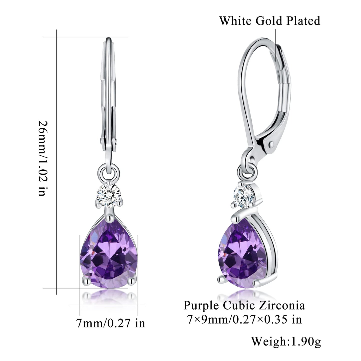 CiNily Leverback Dangle Earrings for Women 14K White Gold Plated Drop Earrings Purple Cubic Zircon Fashion Teardrop Hoop Earrings Hypoallergenic Jewelry for Sensitive Ear