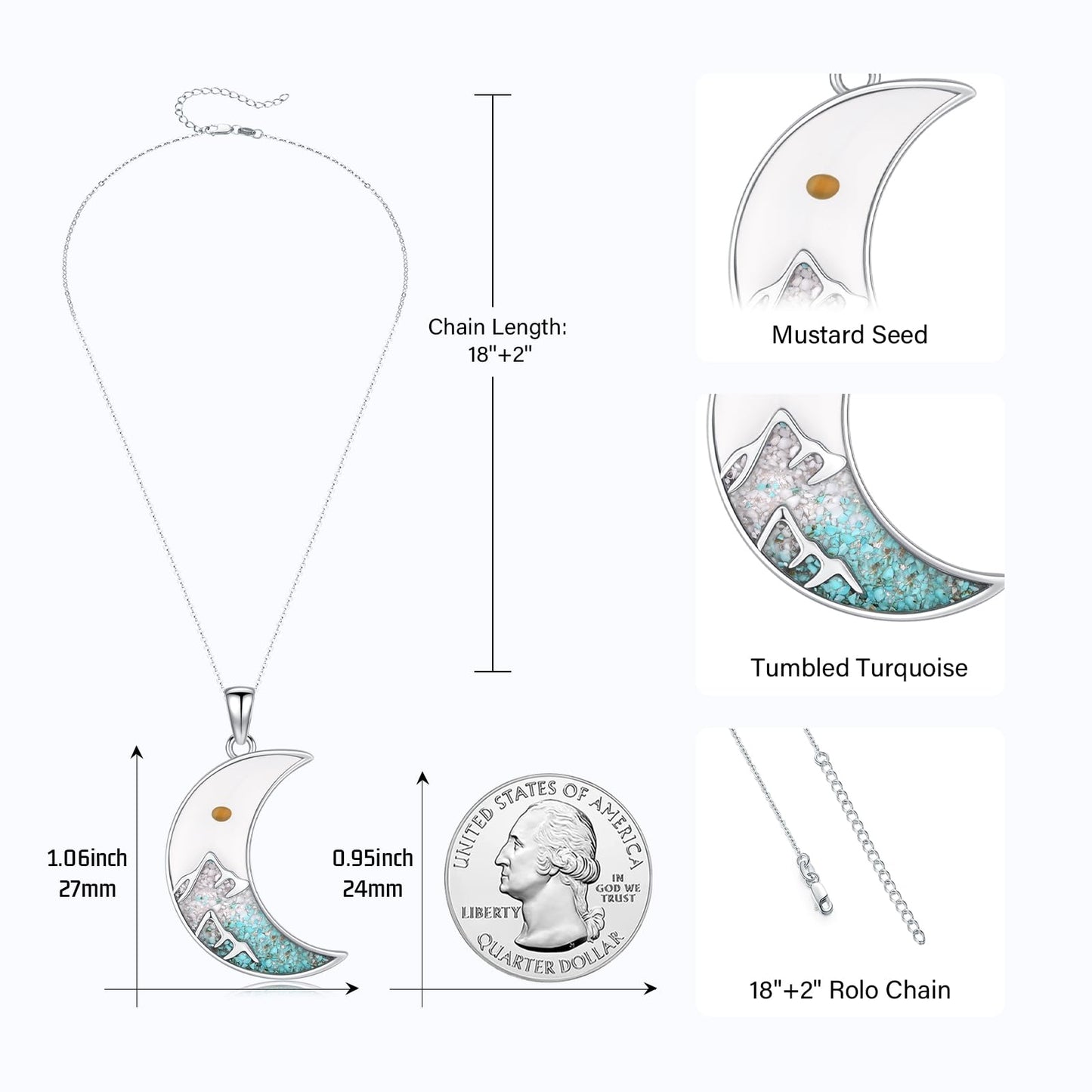 Suiknsn Mustard Seeed Necklace 925 Sterling Silver Turquoise Mountain Pendant Necklace Moon Jewelry Outdoor Hiking Gifts for Women Girlfriend