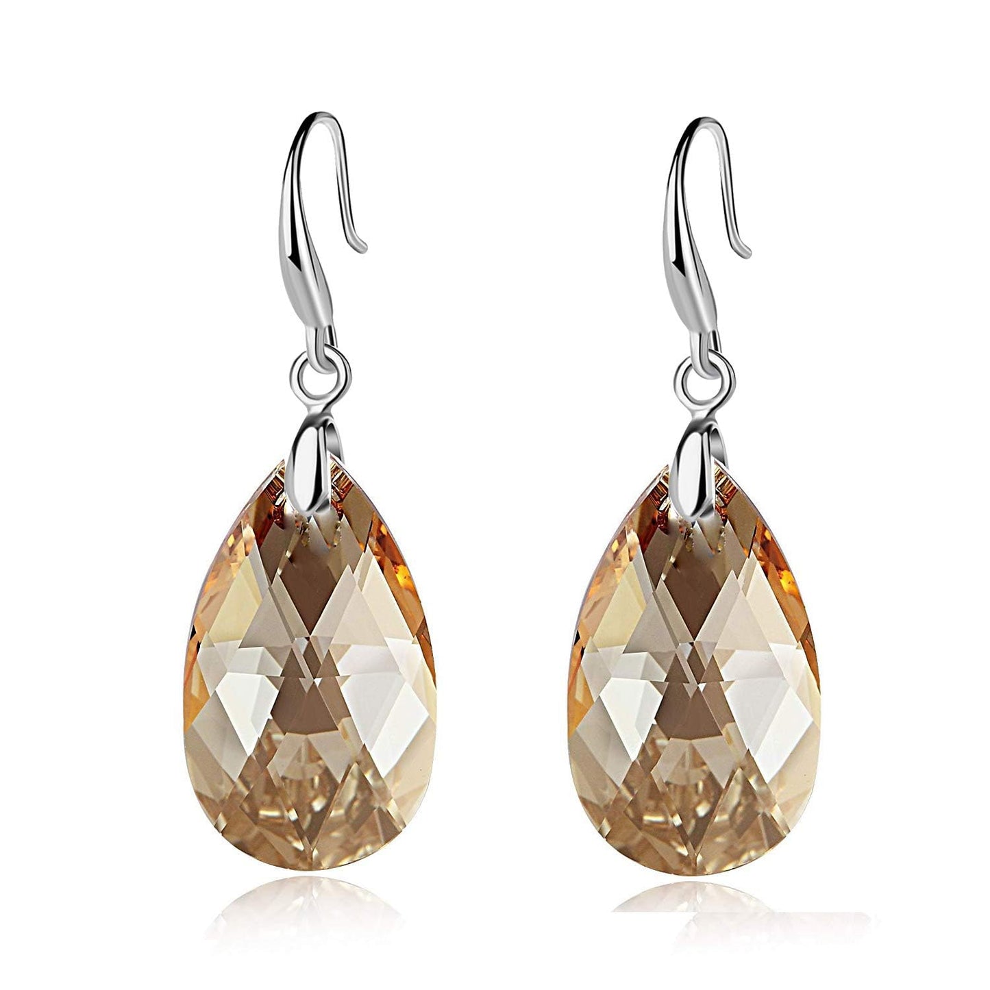 Austrian Crystal Teardrop Dangle Hook Earrings for Women 14K Gold Plated Hypoallergenic Jewelry (Light Topaz)