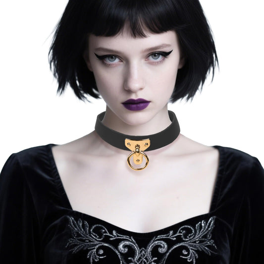 Clobeau Vintage Black Leather Choker Collar and Leash Set for Women, Bell Collar Choker with Chain Leash Set Soft Faux Leather Necklace for Halloween Gothic Cosplay (Black)