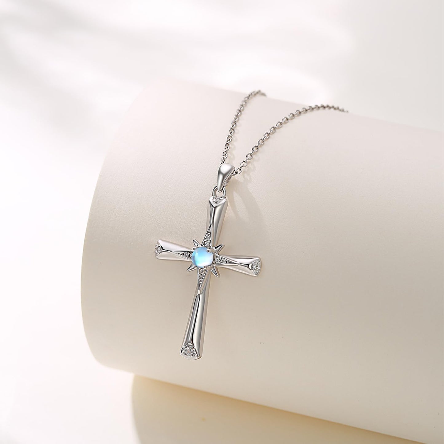 Silikepa Cross Necklace for Women 925 Sterling Silver Star Cross Pendant Necklace with Moonstone Christian Jewelry Gift for Women