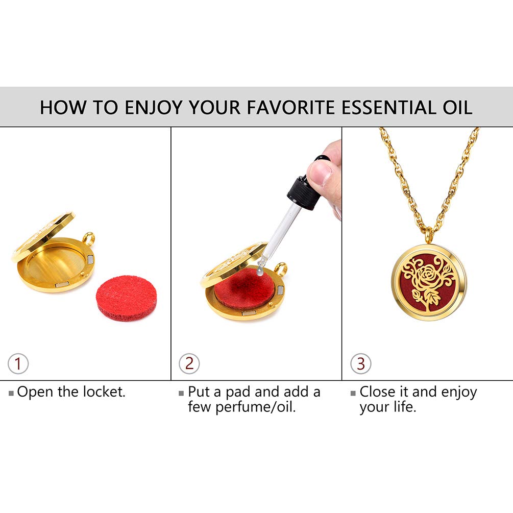 Diffuser Aromatherapy Necklace,Perfume Locket Pendant Charm,Delicate Rose Flower Hot Women Jewelry,Black Stainless Steel