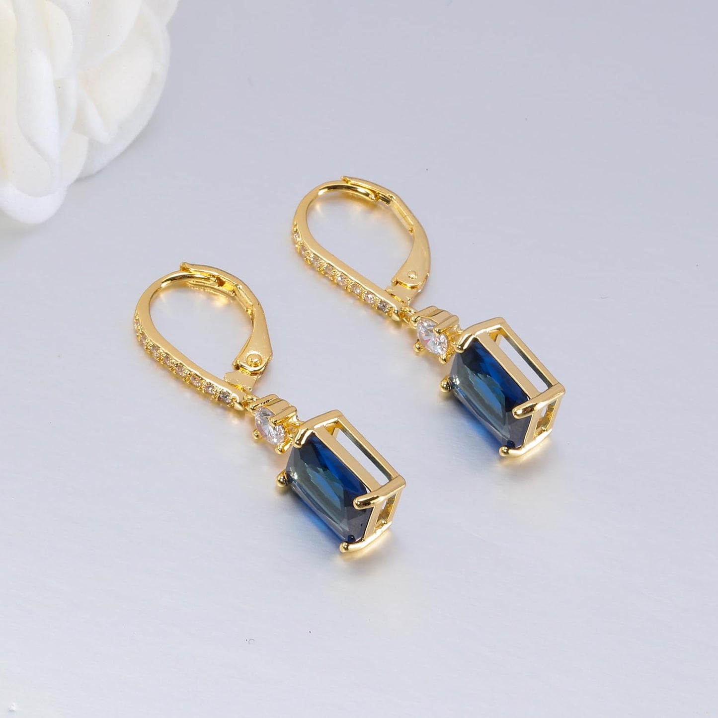 CiNily Leverback Earrings for Women Rectangular-cut Drop Dangle Earring Hypoallergenic, 14K Gold Plated Navy Blue Cubic Zircon Earrings Diamond Dangle Ear Rings Jewelry Birthday