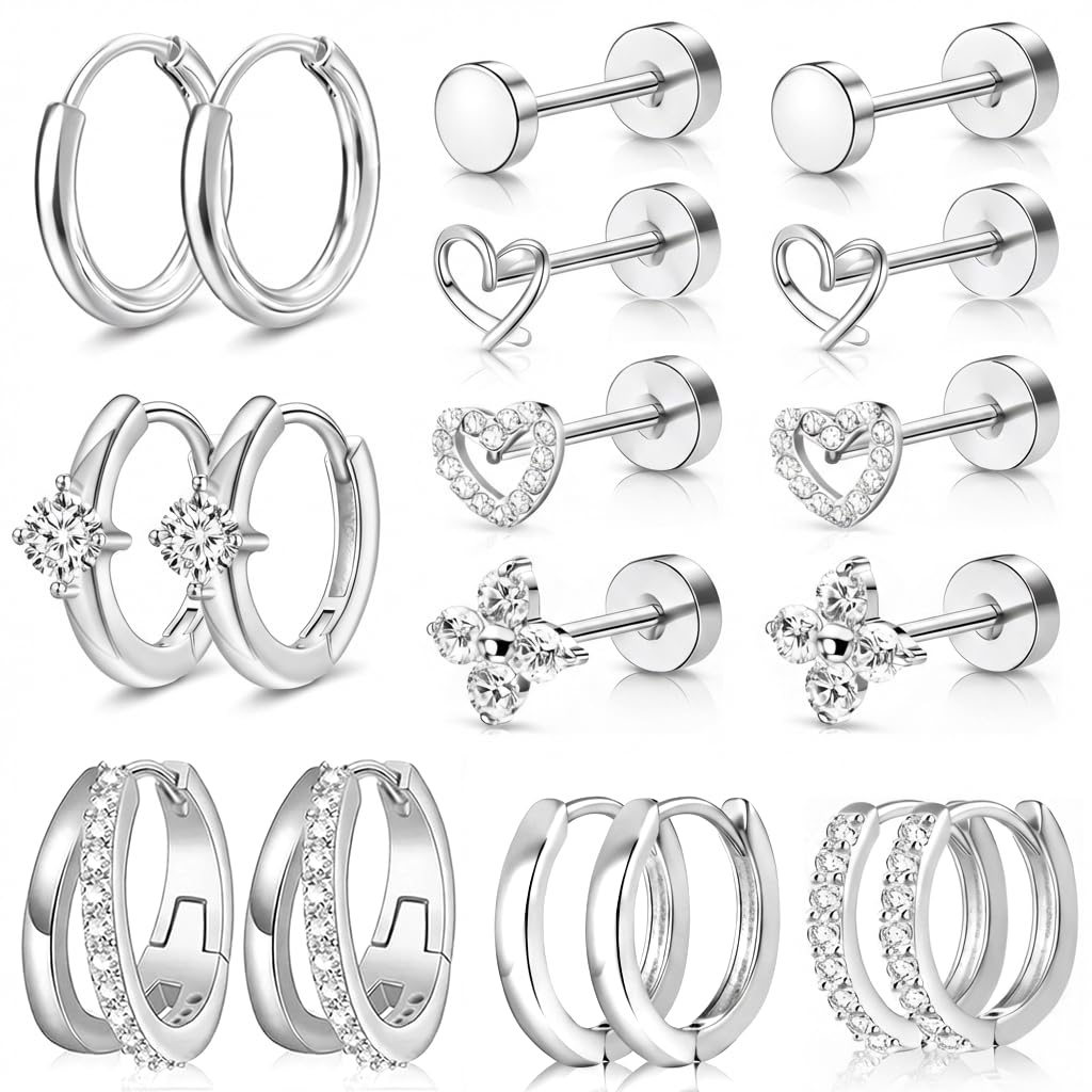 Nunpag 9 Pairs Hypoallergenic Trendy Silver Flat Back Earrings for Women CZ Stones Studs Earring Circle Heart Clover Hoop Earrings Stainless Steel Jewelry Gift for Sensitive Ears