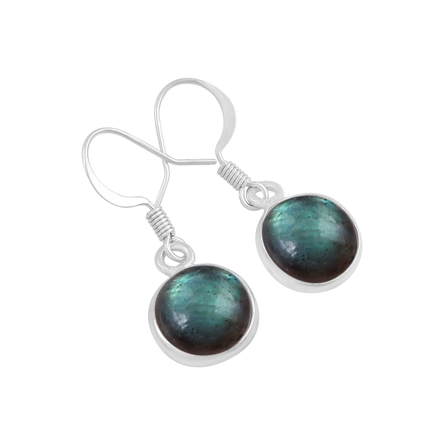 Natural Labradorite 925 Silver Plated Dangle Earrings for Women - Round Shape Blue Green Fire Gemstone Birthstone Handmade Jewelry Earrings - Christmas Wedding Gift for Her