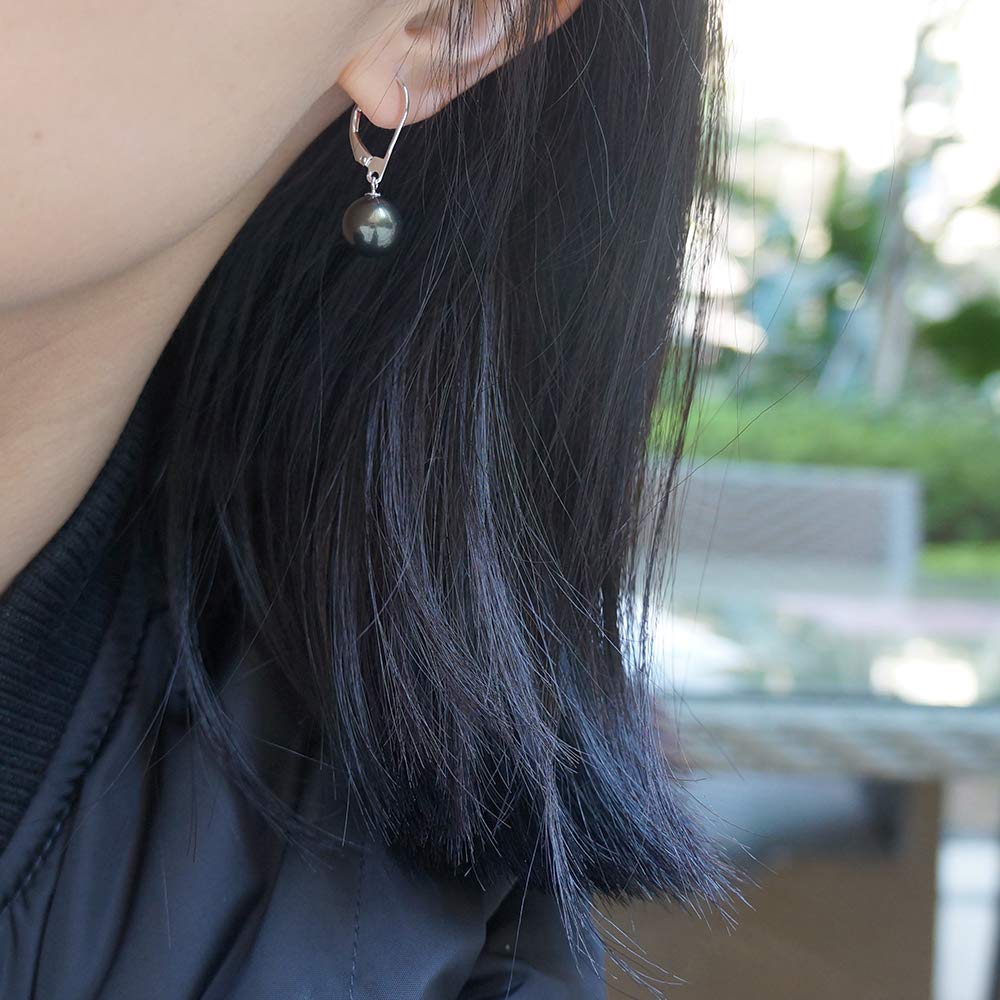 Han han Black Pearl Dangle Earring for Women Sterling Silver Leverback Earrings 10MM