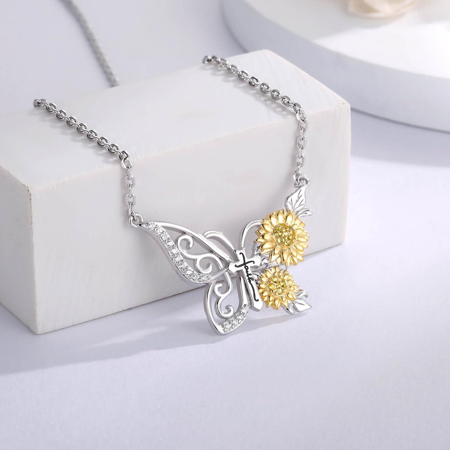 oGoodsunj Sunflower Necklace Jewelry Set fo Women Sterling Silver Anklet Bracelet Earrings You Are My Sunshine Pendant Gifts for Mom Daughter Wife (Sunflower Butterfly Necklace)