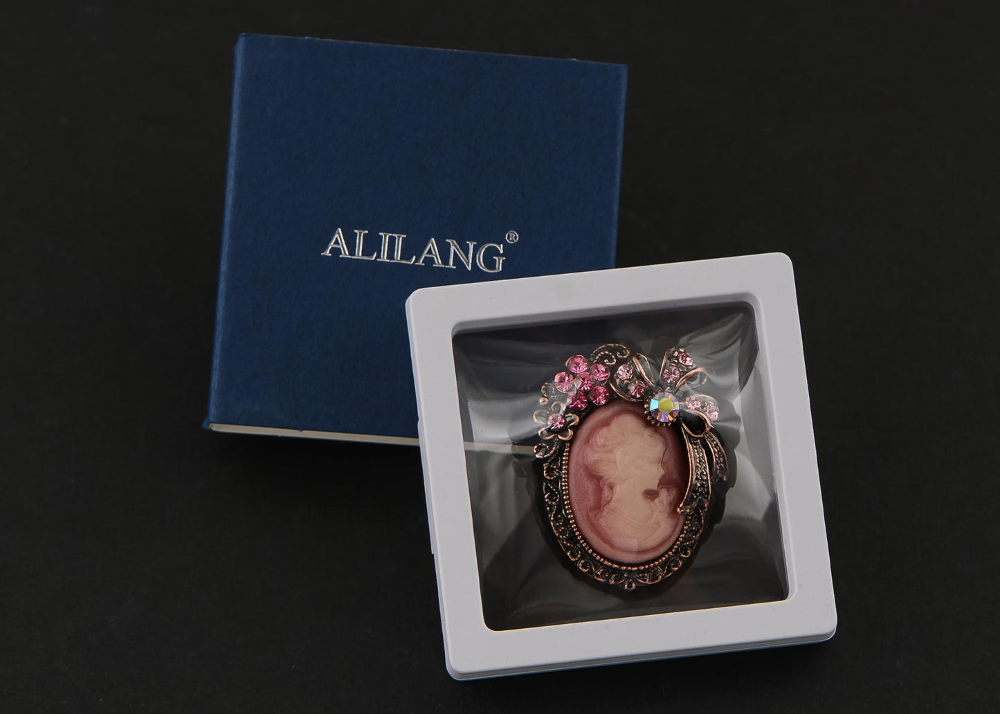 Alilang Vintage Elegant Victorian Lady Beauty Cameo with Crystal Rhinestone Brooch Pin Flower Ribbon Bow Pendant, Purple