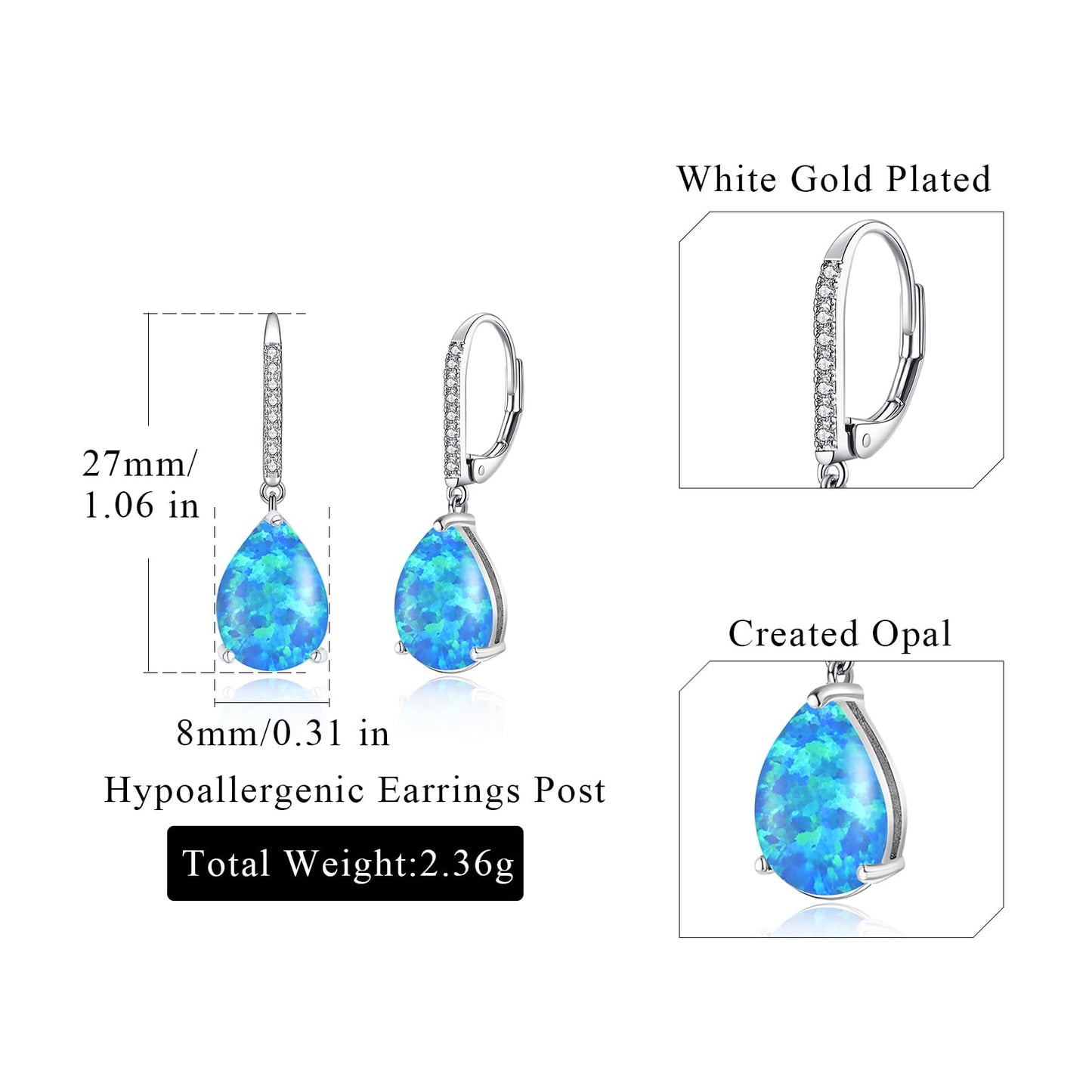 Leverback Blue Opal Dangle Earrings 14k White Gold Plated Drop Earrings for Women Teardrop Earrings Elegant Jewelry Gifts for Christmas Birthday Party
