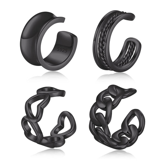 Ear Cuffs 925 Sterling Silver No Piercing Black Ear Cuff Earrings Set Adjustable Wide Ear Lobe Cuff Viking Ear Cuff Set For Women Men